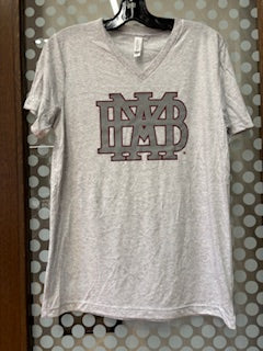 Bella Canvas Gray V-Neck T-Shirt with Large Gray Waffle Outlined in Cardinal