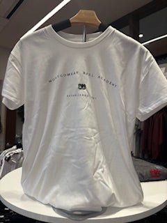 Women's White Tee with MBA Mom Arch in Black