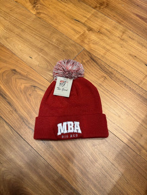 Cardinal Beanie with Embroidered MBA and Cardinal and Silver Pom
