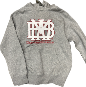 Nike Gray Hooded Sweatshirt with White MBA Waffle Outlined in Cardinal with Montgomery Bell Academy