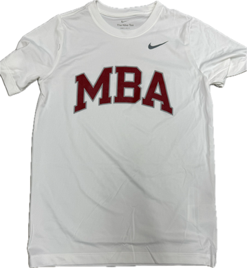 Nike White Dri-Fit Shirt with Cardinal MBA Arch Outlined in Gray