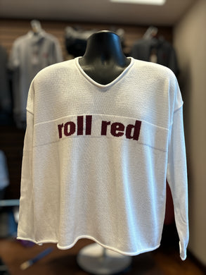 White V-Neck Summer Sweater with Cardinal Roll Red