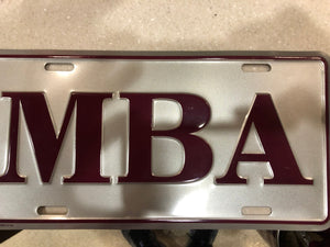 MBA front license Plate in silver with cardinal MBA