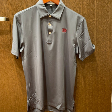 Men's Peter Millar IRON grey short sleeved performance polo with maroon MBA waffle