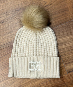 Ivory Fur Pom Beanie with Embroidered Ivory Waffle