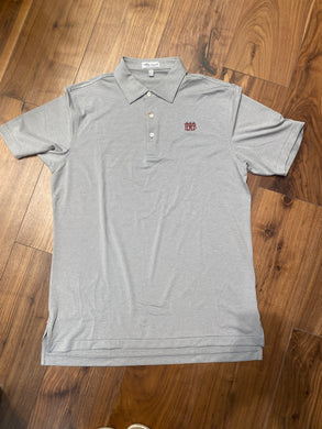 Peter Millar Gray striped polo with cardinal MBA waffle