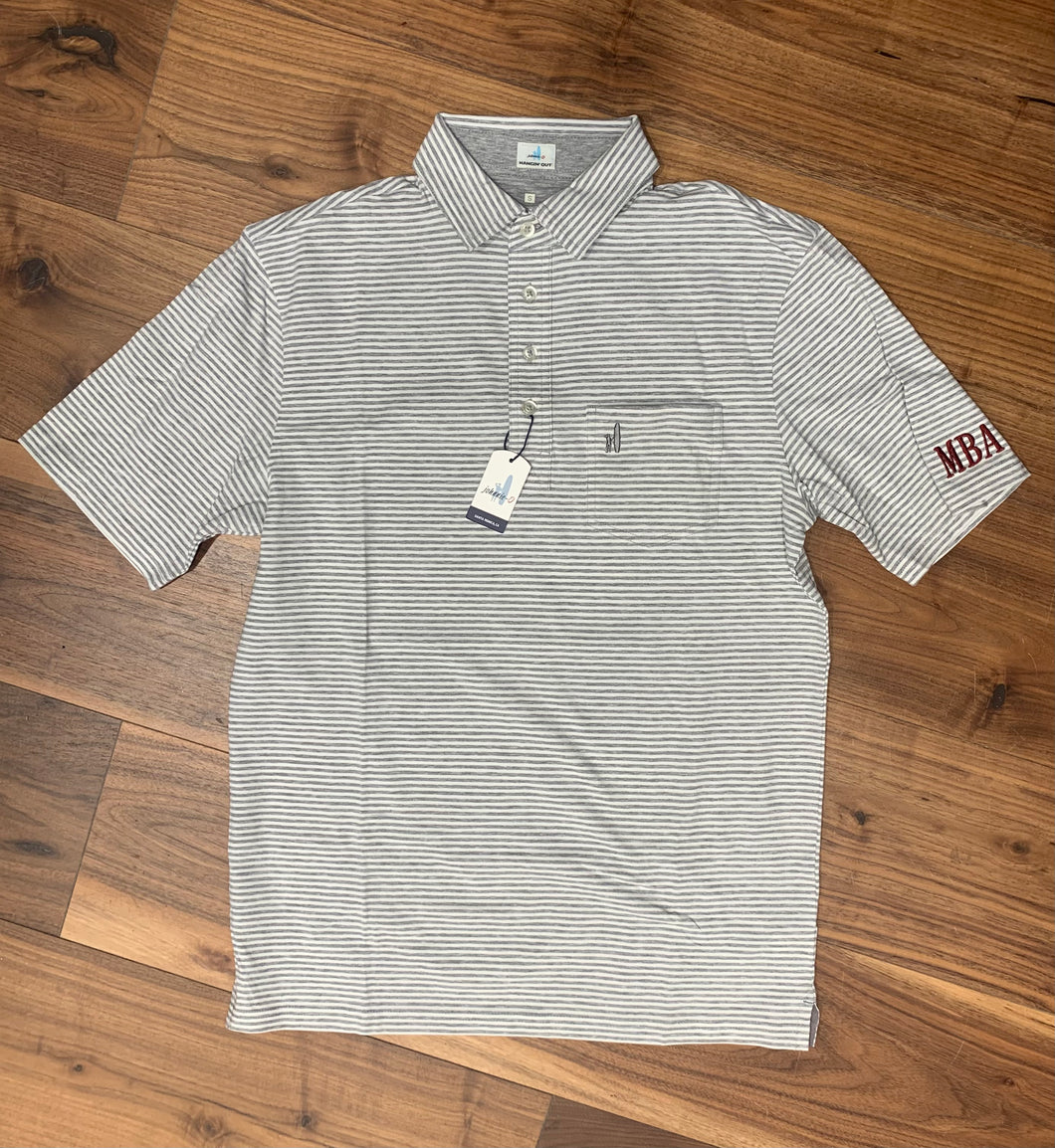 Johnnie-O Men's Grey and White Striped Dante Polo with Cardinal MBA