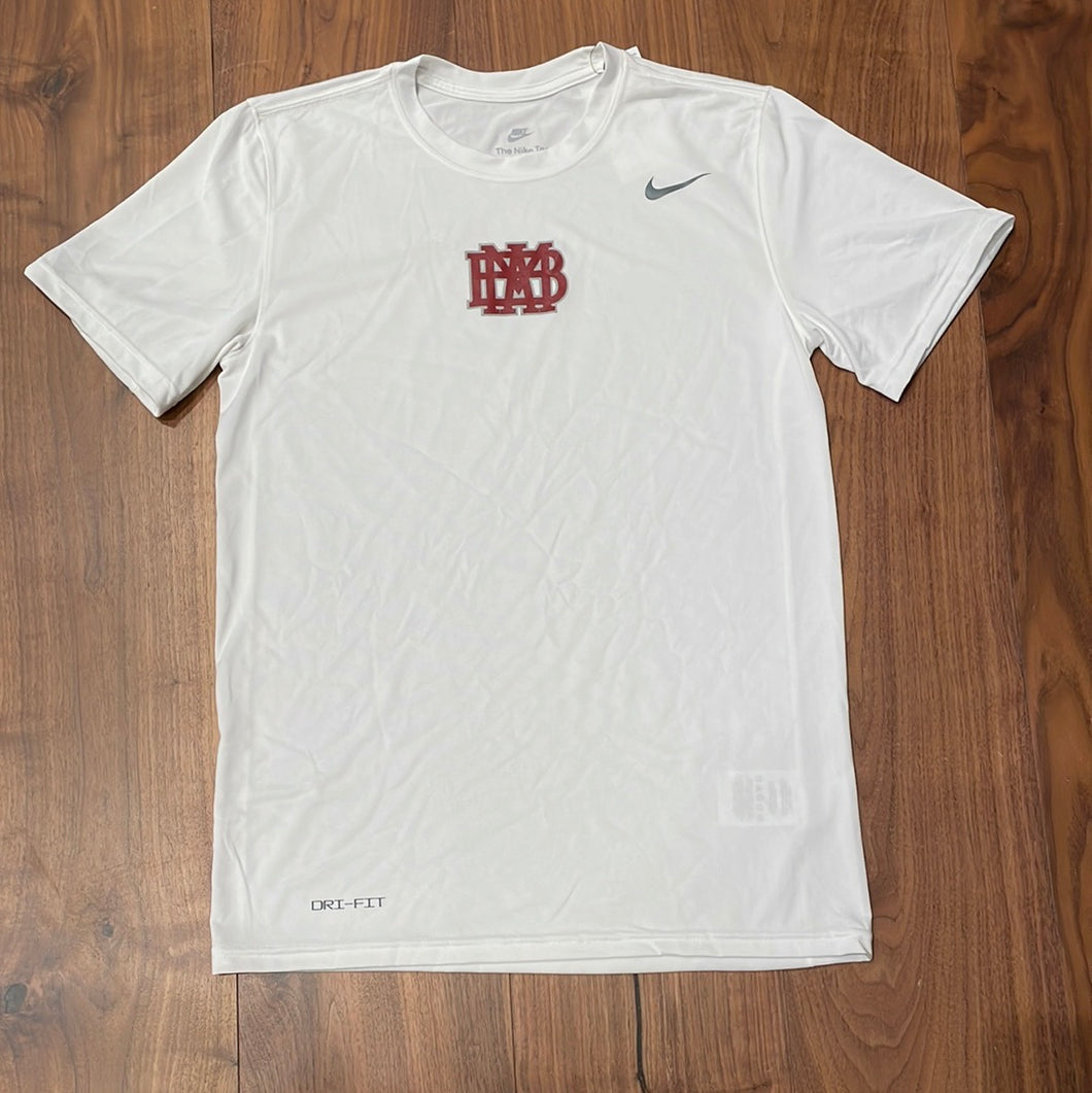 White Nike legend dry fit t-shirt with smaller cardinal waffle outlined in grey 2 1/2