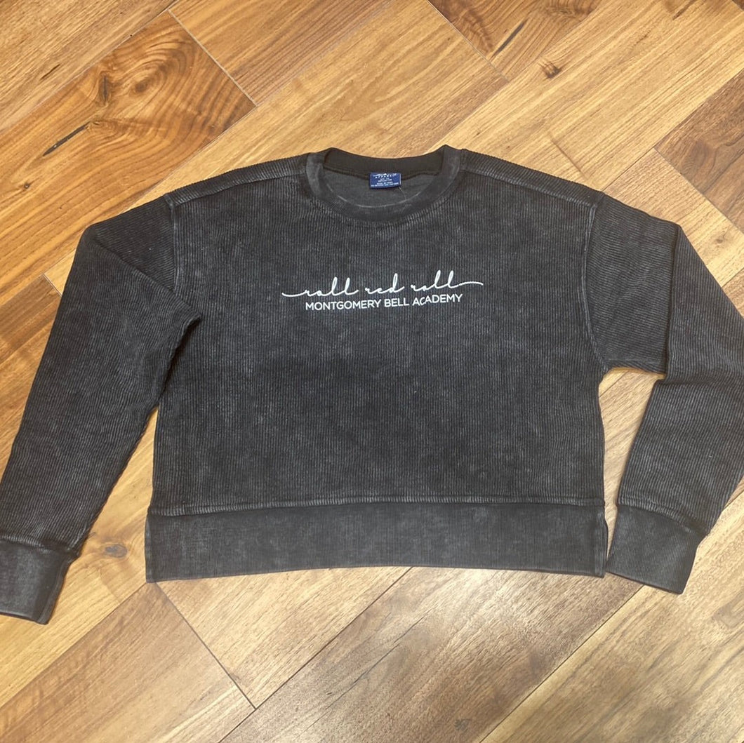 Charles River Corded Crew Sweatshirt in distressed black  with imprinted Roll Red Roll Montgomery Bell Academy